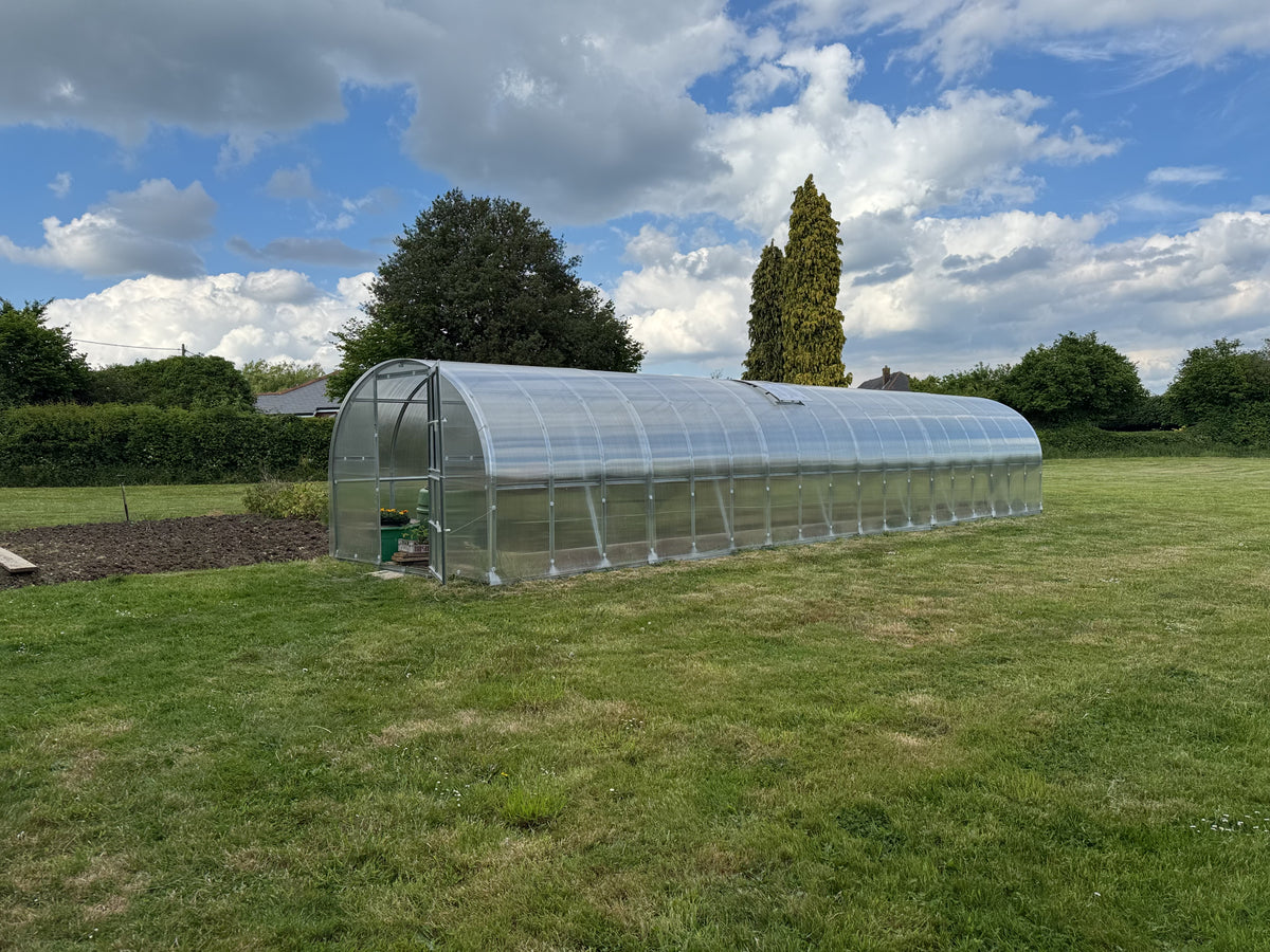Polyeco Classic 12m greenhouse with a polycarbonate cover and steel frame, set on a green lawn under a blue sky with white clouds.