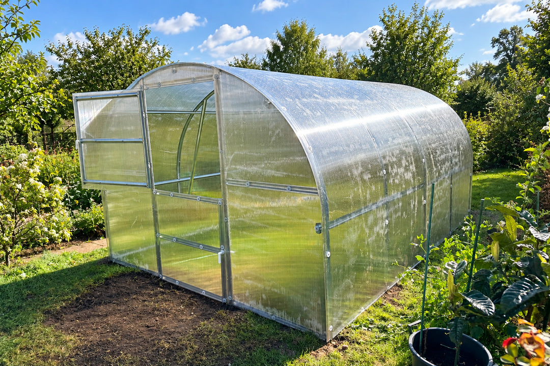 A small arched greenhouse with transparent plastic panels and a silver metal frame, set outdoors in a garden with grass, plants, trees, and a blue sky with clouds.