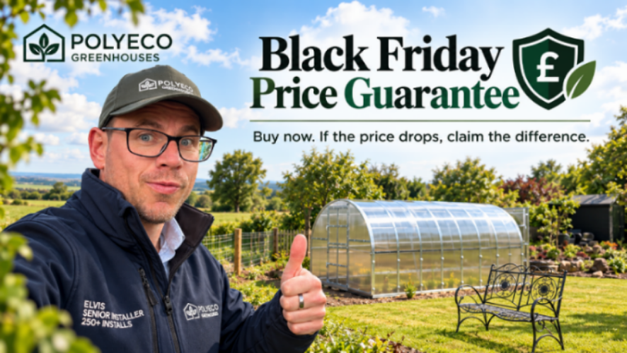 A promotional advertisement for Polyeco Greenhouses featuring a man in a work jacket and cap giving a thumbs-up in front of a greenhouse, with large text reading 'Black Friday Price Guarantee' and the Polyeco branding.